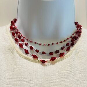EUC 3-Strand ZAD Choker/Necklace, Red Beaded, Silver-Tone Chain, 15" L+ 2"